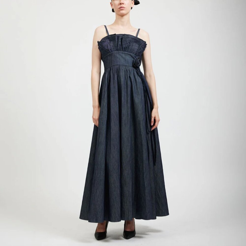 Batsheva Bow Amara Dress in Grey Denim Size 4 BNWT